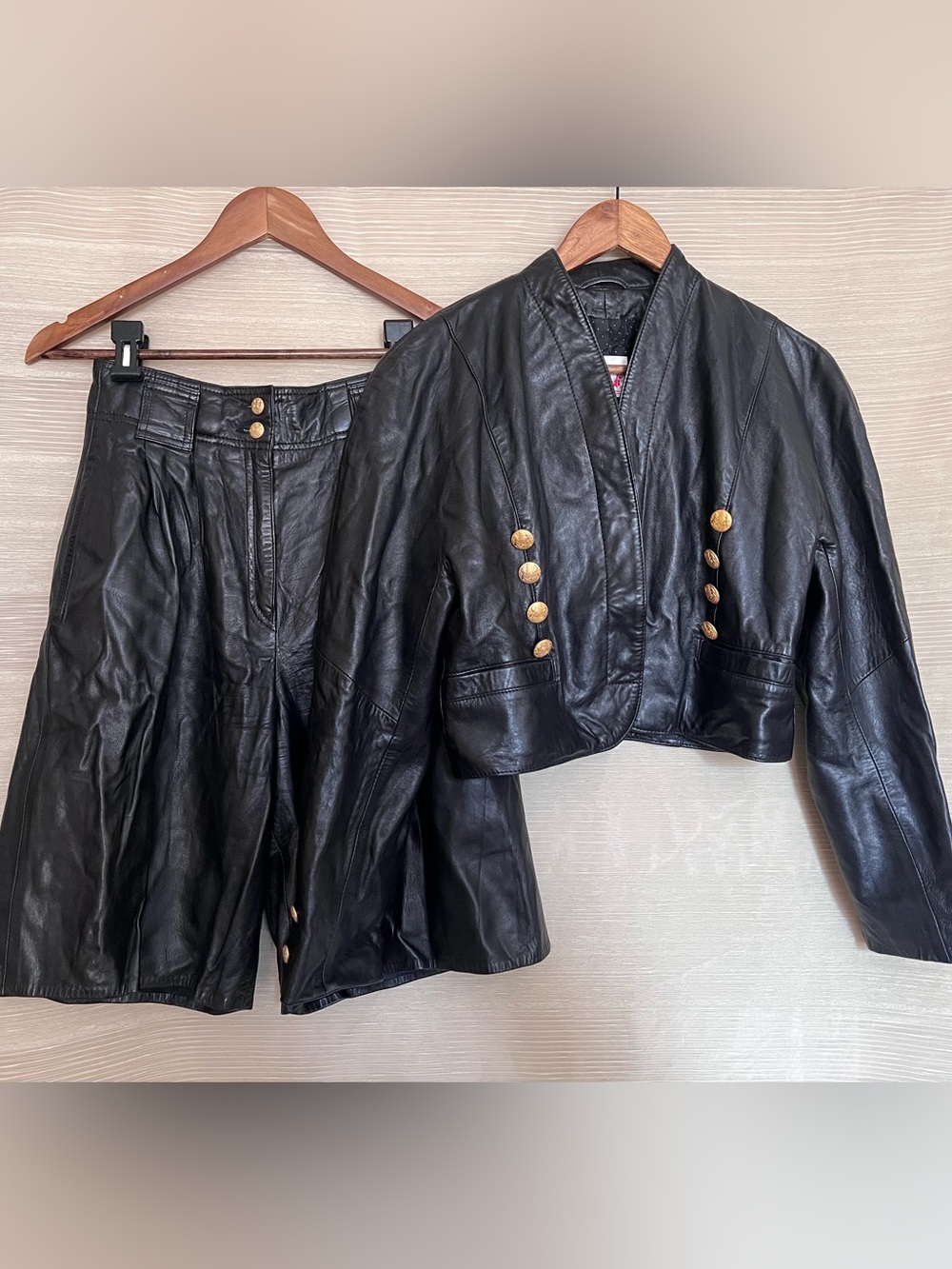 Rare 1980s Mondi Black Leather Jacket + Culotte Shorts Set